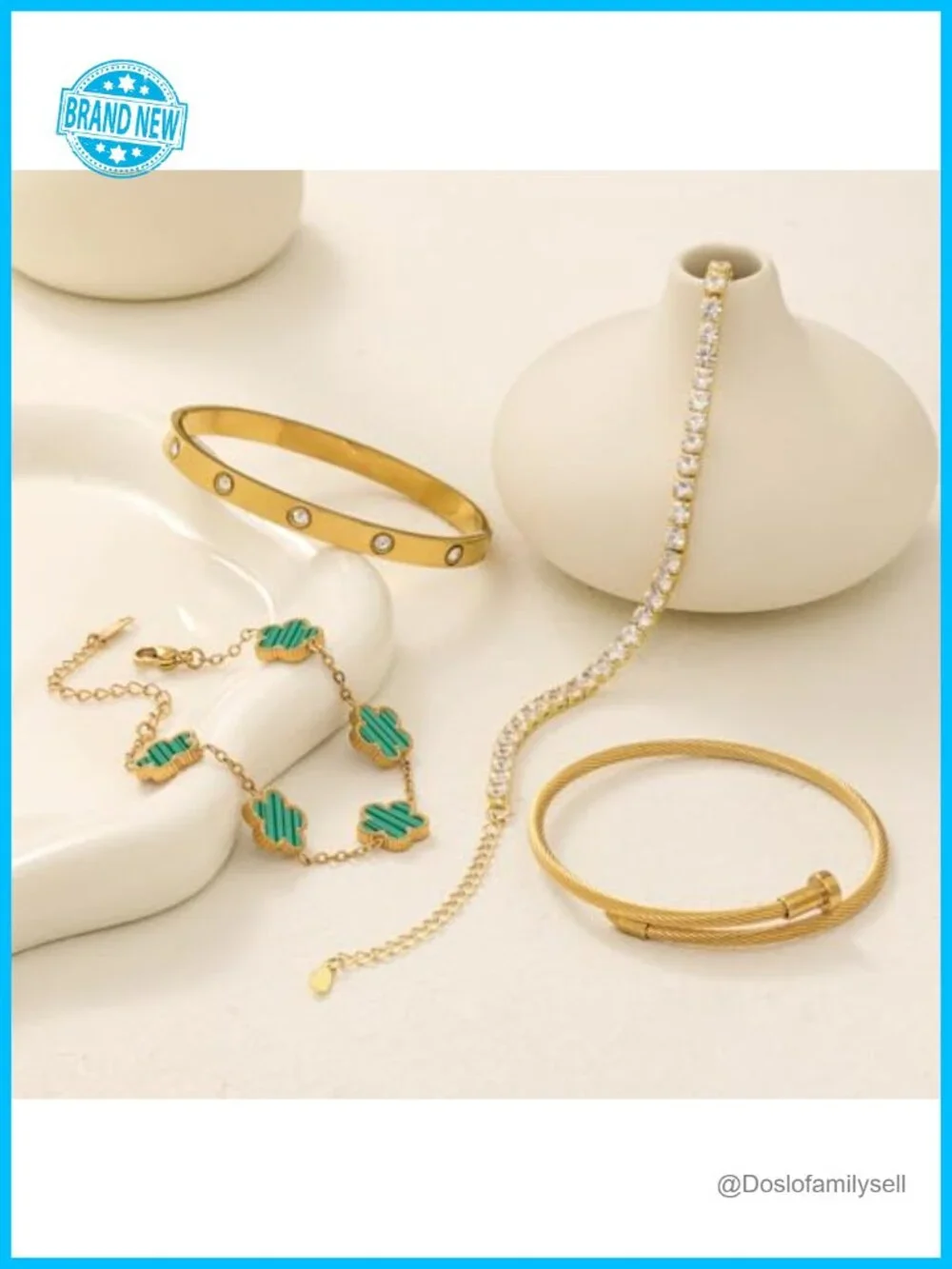 4 Pc Gold Plated Stackable Floral Bracelet Set with Crystals